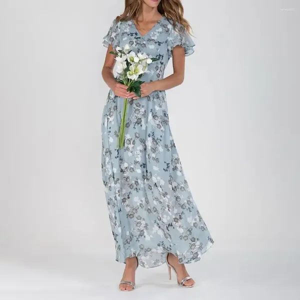 Lässige Kleider floraler Druck Chiffon Maxi Kleid V-Ausschnitt Rüsche Kurzarm Taille enge Hoch-Taisten süße Strand Sommer Kleidung