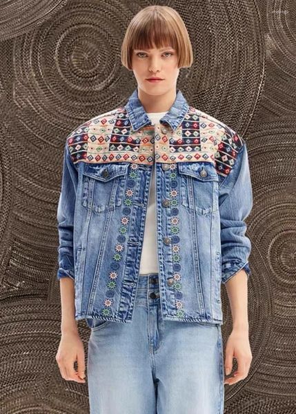 Frauenjacken Außenhandel in Spanien Original Single Denim Jacke gesticktes Druckdesign Lose und modisch kurz