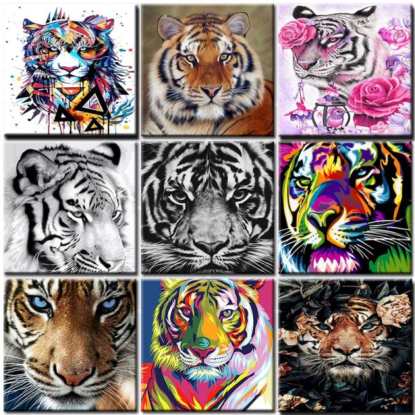 Chenistory -Gemälde nach Nummer DIY Schwarz Weiß Tiger Gemälde nach Nummer Kit Erwachsene Färbung Tier Bild auf Leinwand Acrylfarbe