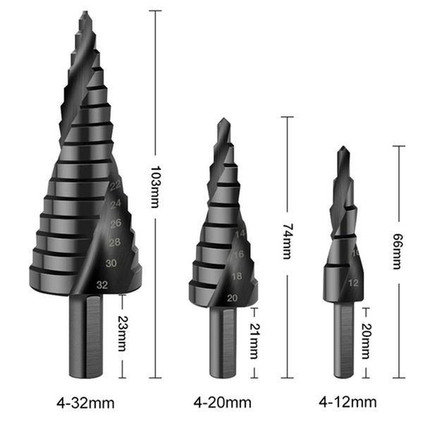 1/3PCS/SET Step BIT BIT HSS Шаг кобальт ступененный азотный спиральный шаг конус металлический металлический конус треугольник