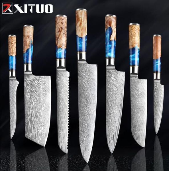 Xituo Kitchen Kinvesset Damascus Сталь VG10 Chef Chef Clever Caring Caring Нож. Синяя смола и цветная ручка для приготовления пищи 8552400