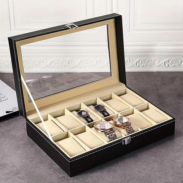 Ювелирные мешочки 12 слота PU Кожаные часы коробка для хранения мужская и женская дисплей со стеклянной крышкой, подходящей для мужчин отца