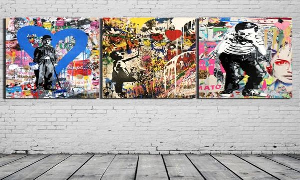 3 painéis Banksy Collage Graffiti Art Chaplin Canvas Modern Pintura a óleo Print Wall Art Decor para decoração da sala de estar emoldurada U5015718