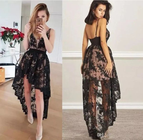 2024 vestidos de baile de renda preta Hi Lo LO LO Vintage Vestidos de noite vintage Vestido de festa para garotas de pescoço 2K17 Vestido de meninas negras africanas