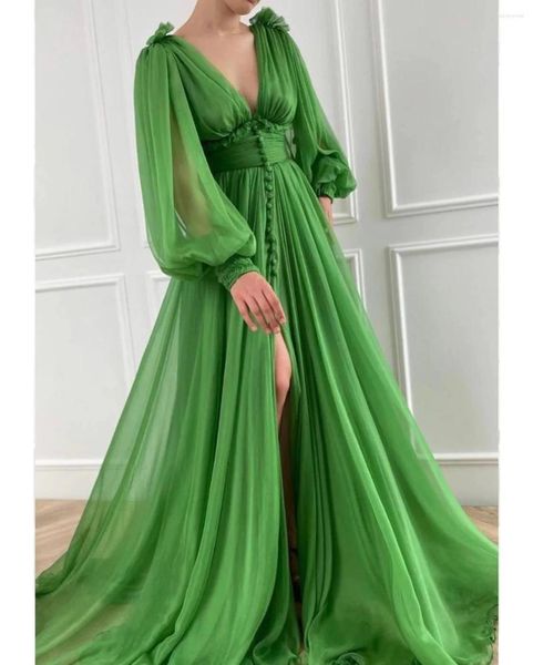 Partykleider kühn grün 2024 Prom eine Linie Rüsche gegen Nacken Puff Langarm Spucke Front Abend Nacht Kleider Arabisch Dubai Robe de So