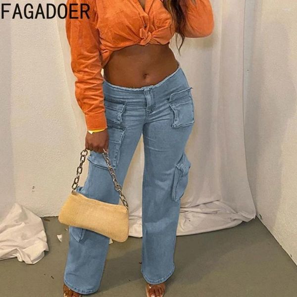 Женские джинсы Fagadoer Vintage Fashion 90 -е голубые джинсовые штаны Женщины с высокой кнопкой с высокой талией множество карманов брюки повседневные твердые ковбойские дни