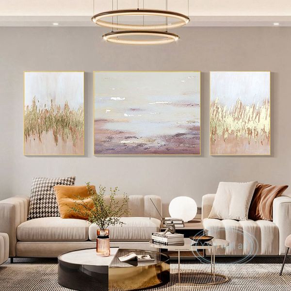 Abstrakte Goldfolie Triptychon Wohnzimmer Sofa Hintergrund handgefertigtes Ölgemälde Home Ästhetik Dekor Wand Poster Leinwand Kunst Wandbild