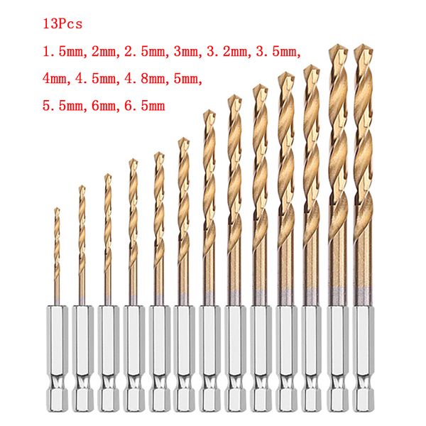 13pcs 6,35 mm 1/4 HAX HAISK 1,5-6,5mm Bits de broca de alta velocidade HSS Titanium conjunto de brocas conjunto de ferramentas elétricas Acessórios para ferramentas elétricas