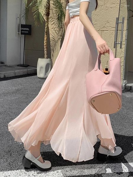 Saias Kawaii Girls Mesh malha coreana de moda elástica cintura preta verão rosa verão com linear alta saia maxi mulheres