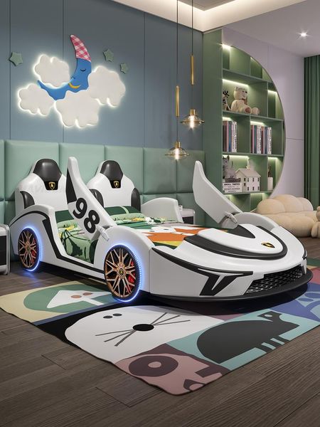 Cama de solteiro legal em forma de carro para crianças armazenamento de designer exclusivo móveis de quarto 1.2 metros de couro versátil para crianças meninos