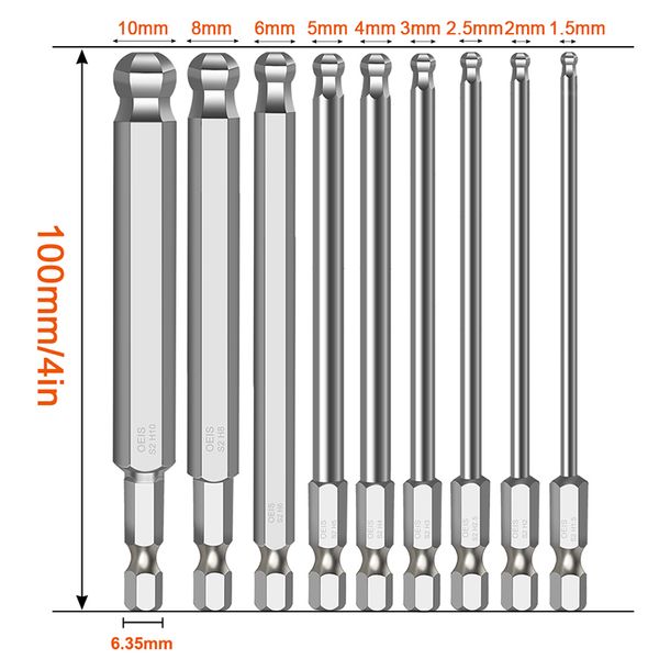 9pcs Ball End Allen Taxinho de fenda Bits de 100 mm de comprimento hexágono