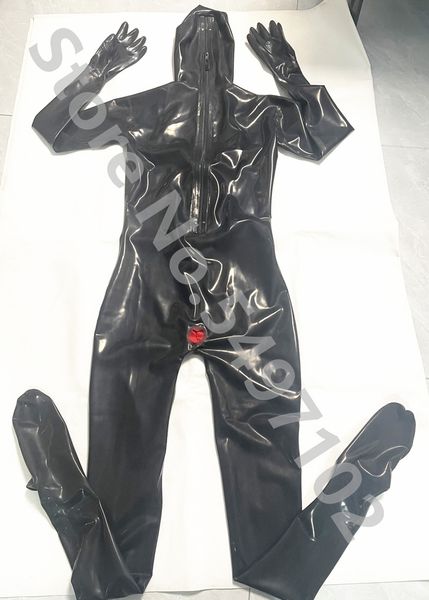 Tampa completa LATEX CATSuit 3D mamão W Mês Vaginal e Anal 3 Condomos traseiros Zip Anexo Capuz Anexos Meias