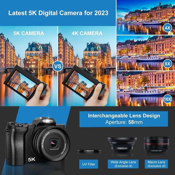 Camera da vlogging WiFi 5K con scheda SD da 32G, fotocamera compatta automatica da 48 MP, stabilizzazione a 6 assi, filtro UV, 16x zoom digitale - Compagnia di viaggio perfetta