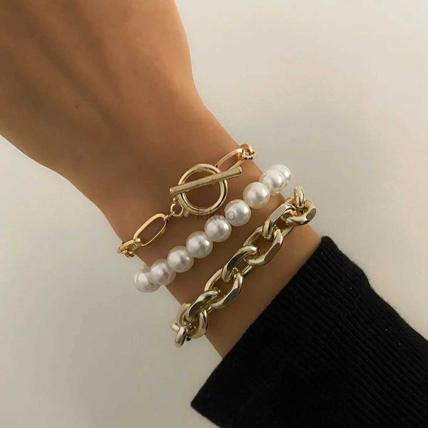 Bangle Vintage Sweet Imitation Perle Hand Perlen Armband Ladies Multilayer Gold Color Metal Cross Bracelets Mädchen Schmuck Paar Geschenk 24411