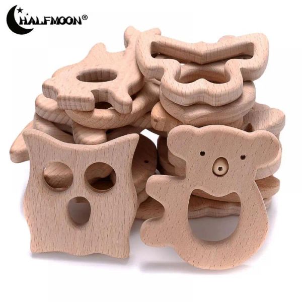 1pcs Buchen Holz Teether -Tierform Holz Zahnen für Baby -Molien -Stangenspielzeug Holz Halskette Anhänger Baby Chew Teether