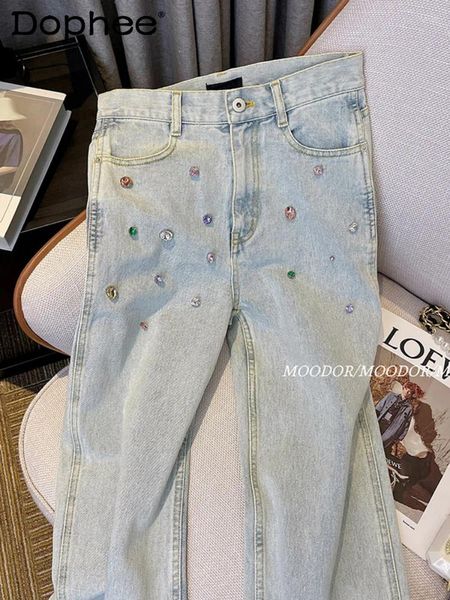 Jeans femininos de alta qualidade strass artesanal solto para mulheres 2024 Coloque de outono Palnta larga de calças de jeans de jeans de jeans