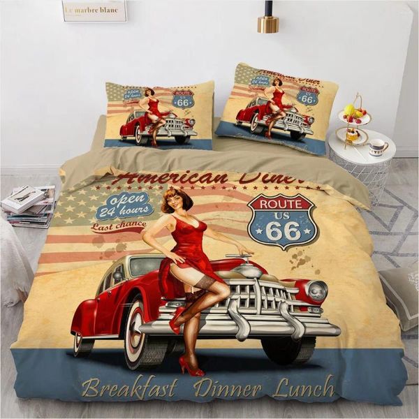 Set di biancheria da letto 3D Digital Vintage Red Dress Woman and Car Set Set/copertura coperta Copertura Full King Size 203x230cm Lince da letto