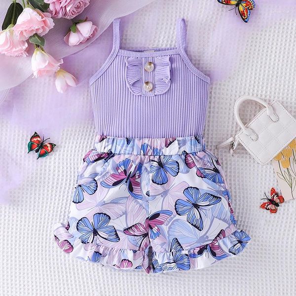 Set di abbigliamento da 1-6 anni Sonfalza di viti viola Butterfly Stampa pantaloni corti Outfifit per bambini per bambini per bambini