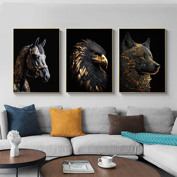 Wolf Octopus owl Eagle Pferd Schwarz und Goldtiere Poster Leinwand Malerei Vintage Wandkunst Bild für Wohnzimmer Wohnkultur