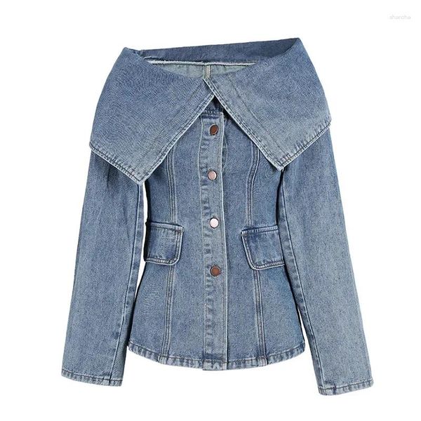 Camicette da donna Superaen 2024 Summer High Street Street Retro One Spalla Denim Shirt Autunno Design Acconciatura Jeans Fashion Mashi