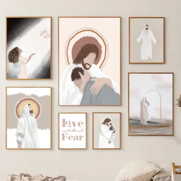 Святой Христос Иисус управлял легкой девочкой мальчик на стене, искусство, рисовать скандинавские плакаты и отпечатки настенные картинки для декора гостиной
