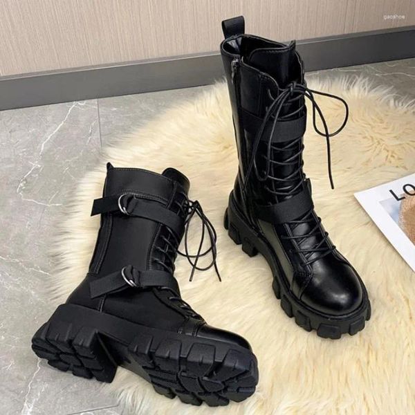 Boots Spring Motorcycle Cosplay feminina High Tubo Longo Cavaleiro Cavaleiro Baot Punk Gótico Classic Black Heel Sapatos