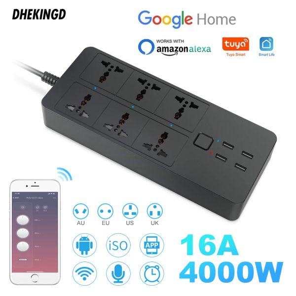 Controlla Smart Power Strip WiFi Universal con 5v3.1A Alexa Googlehome Bluetooth Control Multi Plug 6AC 4USB VOCE Contro UK/US/US/AU