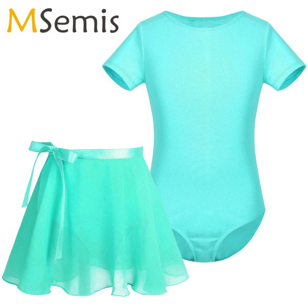 Meninas de manga curta Ginástica collant com saia Kids Dance Ballet Tutu Dresses Ballerina Practice Training Performance Costume