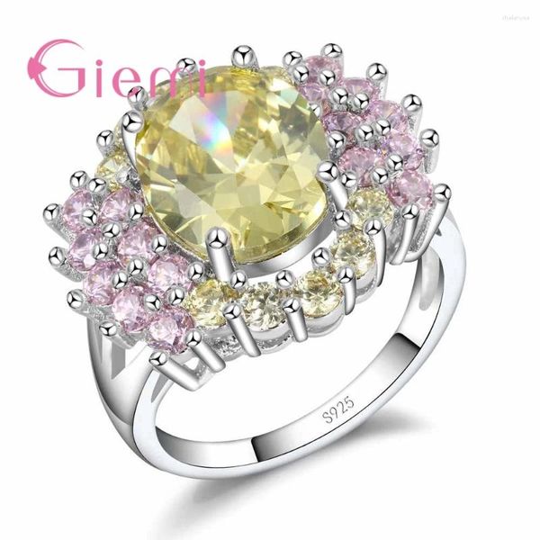 Anelli a grappolo romantico giallo giallo fiore rosa cristallo anello di pietra di pietra di matrimonio gioielli anniversario 925 argento sterling per donne