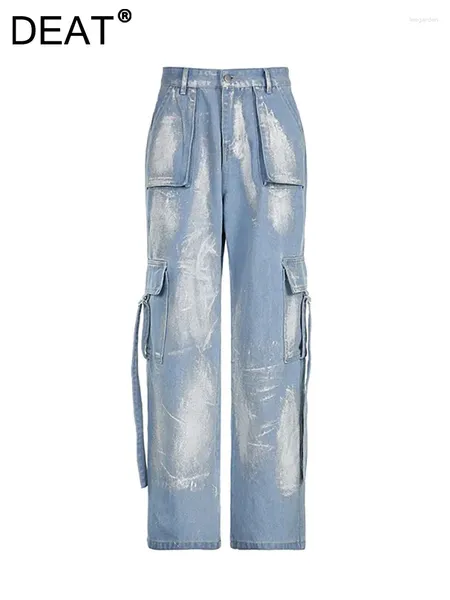 Kadınlar Kot High Bel Gümüş Kaplamalı Çoklu Cepler Düz Geniş Bacak Kargo Şerit Denim Pantolon 2024 Sonbahar Moda