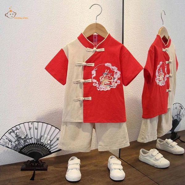 Kleidung Sets Sommerjungen Hanfu Kinder Tang Anzüge Kleidung Komfort Kurzarm Kinder Stickereien Tops Shorts Retro Chinesisch