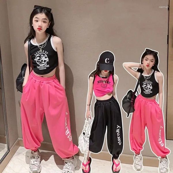 Set di abbigliamento giubbotto hip hop gilet top joggers rosa pantaloni bambini tracce principessa tracce vestiti di streetwear abiti per bambini danza da ballo jazz costumi