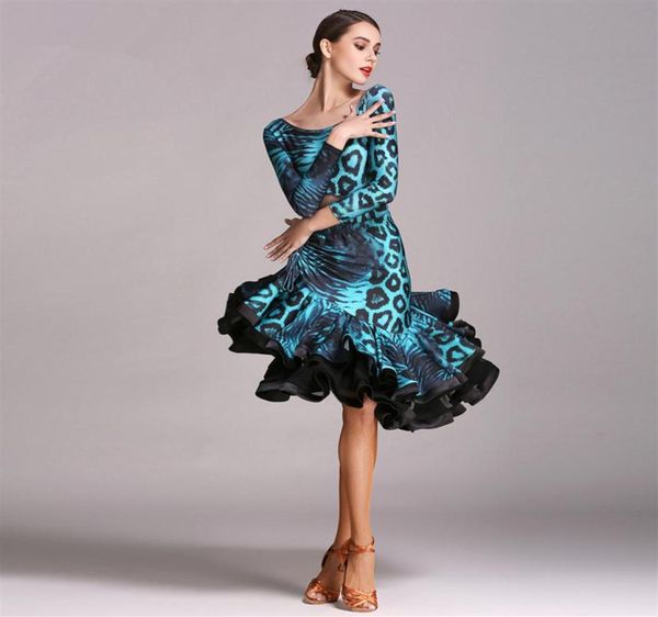 Blau Erwachsene Mädchen Latin Tanzkleid Salsa Tango Chacha Ballroom Wettbewerb Tanzkleid sexy trägerlose Leopard Langarm Kleid188m4924645