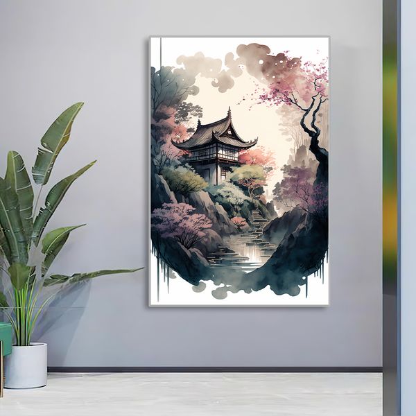 Japanische Stil Landschaft Wandkunst Leinwand Malerei Aquarell ästhetische Posterabdruckbilder für moderne Inneneinrichtung