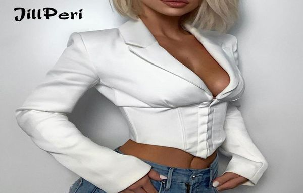 Jillperi Sexy V Neck Blazer Crop top Top Manga longa Blusa de espartilho elegante Blusa do escritório Chic