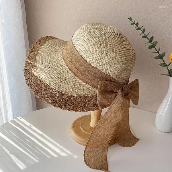 Boinas femininas chapéu de palha feminina Sun Sun Cap Big Brim Vacation Beach Panamá coreano Fashion Casual Ladies Bow Ribbon Bucket