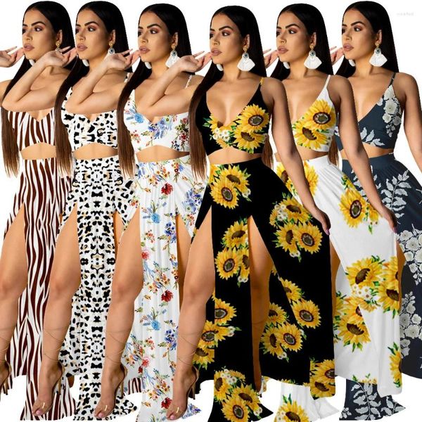 Lässige Kleider Boho florale Druckrock -Outfit sexy Frauen zwei Teile Sommer MacThing Set Top Split