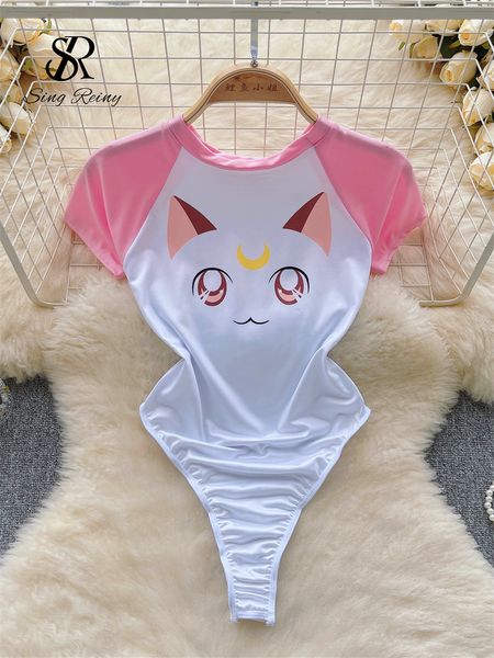 Singhe Summer Women Sweet Slim Bodysuits O Neck Short Shortes Stampa Cat Shirt Ladies Open Crotch Elastic Sexy Suituesuits