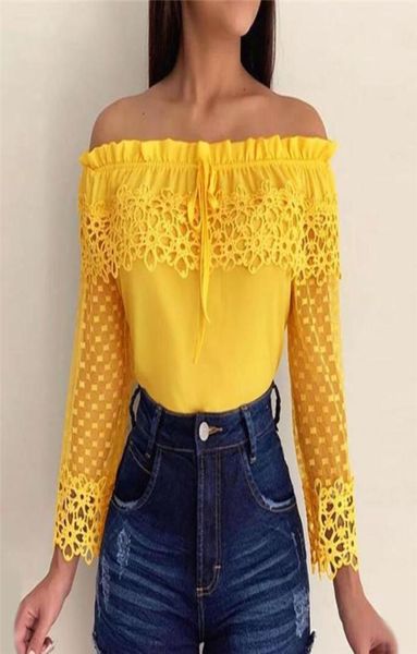 Moda Elegante Camisa Mulher Crochet Slim Tops Bordado de retalhos de renda Nove quartos de manga Blouse amarela Blouse8073938