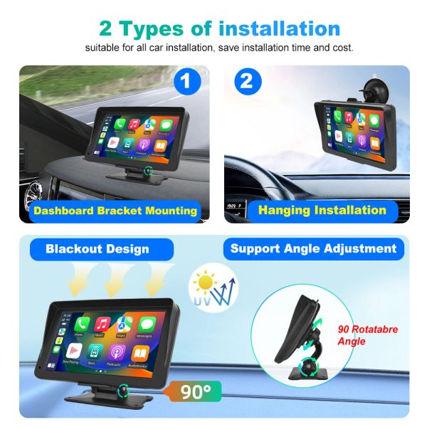 Podofo 7 '' Car Mirror Carplay Запись CarPlay Android Auto Control Control Sens Sens Monitor Car Radio Dashboard DVR