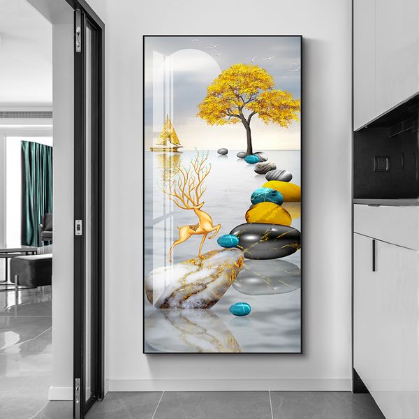 Abstrato de lona de penas douradas pintando pedras de veado decorativo arte de parede sala de estar quarto de luxo de luxo de tamanho grande decoração cuadros