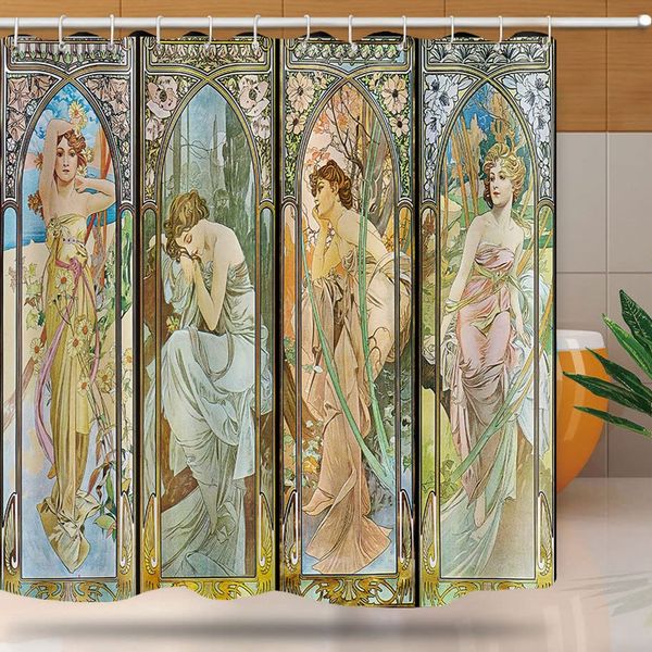 Art Nouveau Lady Shower Curtain, Aesthetic Art Times of the Day, Night's Rest, Evening Reverie, Daybreak, Morning Awakening Bath Set