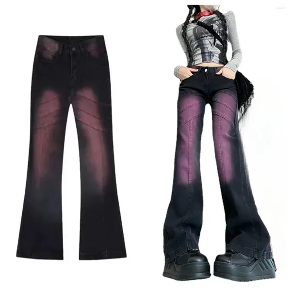 Jeans femininos Purple Tie Tye Gradiente Mulheres com Flare Pant leve Bootcut Bell Bottom calça jeans Y2K Cantura alta moda