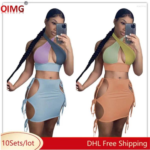 Arbeitskleider 10 Großhandel Rock Sets Frauen 2024 Sommer sexy Halfter Rückenless Top Bandage Hollow out zweiteilige Freizeitoutfits 10612