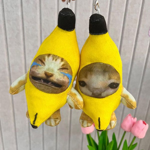 Mini fofo chorando banana gato de pelúcia keyrings engraçados de banana meme keychain menina estudante pequena jóias de cadeia de telefones pendentes