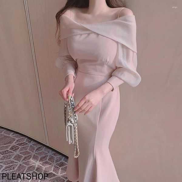 Повседневные платья Длинное платье с рыбным хвостом для женщин с элегантными скрученными с плечами пузырьковые рукава корейская шикарная одежда ранней весны