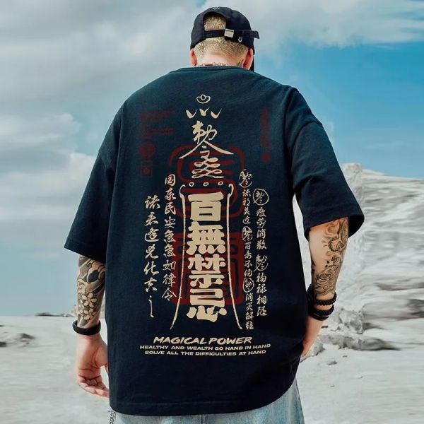 Chinesische Charakter druckt T-Shirt für Männer Sommer magischer Kraftbrief Tees Kurzarm Retro T-Shirt Unisex Y2K Streetwear