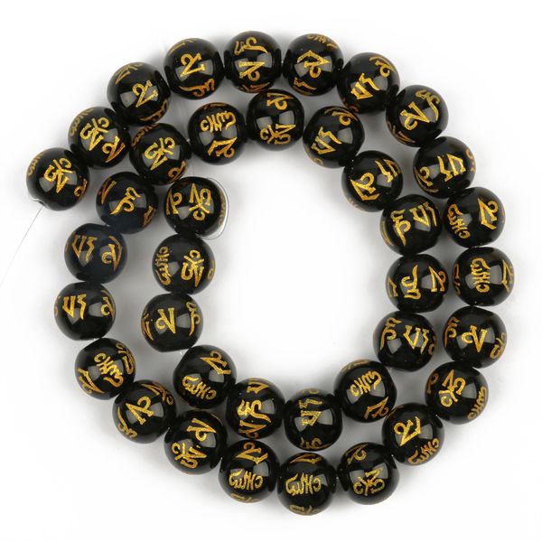 8/10mm Sechs -Wörter Mantra Gebet Feng Shui Perlen schwarze Obsidian Achat runde Buddha Perlen für DIY -Armbänder Schmuck Making Accsories