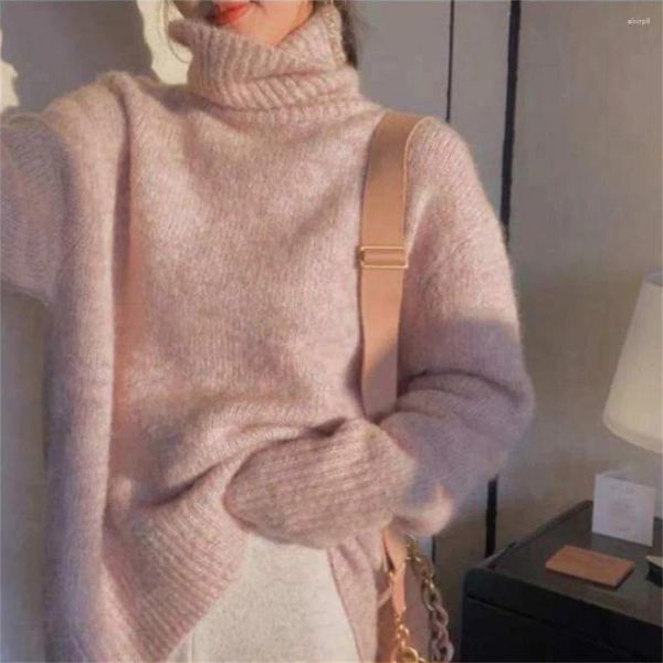 Camisolas femininas coreanas malhas de malha espetada Mulheres outono inverno 2024 moda gurtleneck pullover solto casual manga longa jumpers rosa