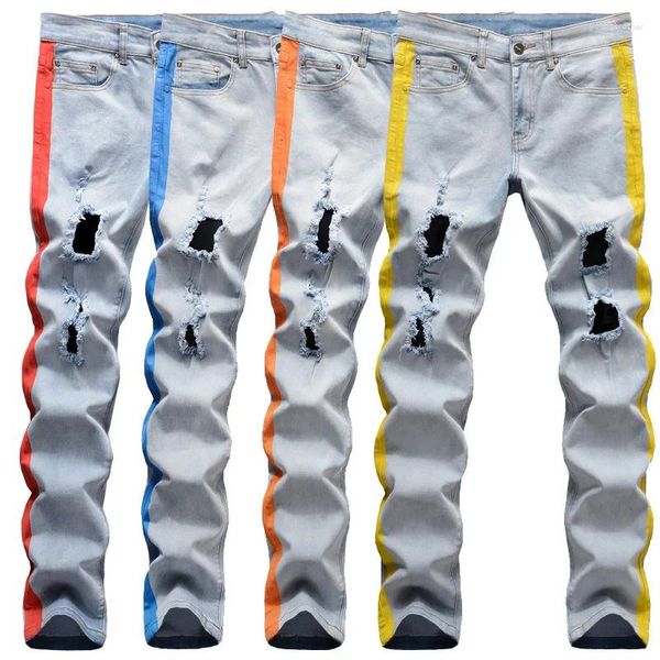 Jeans masculinos azuis claros calças rasgadas e tiras de mão pintadas